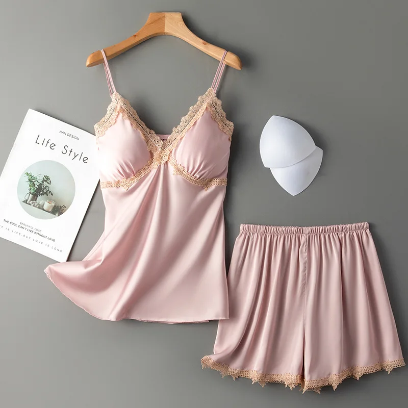 Sexy Summer Women's Pajamas Set, Gathered Small Chest Ice Silk With Chest Pad Suspenders Short Two-Piece Sleepwear Home Clothes