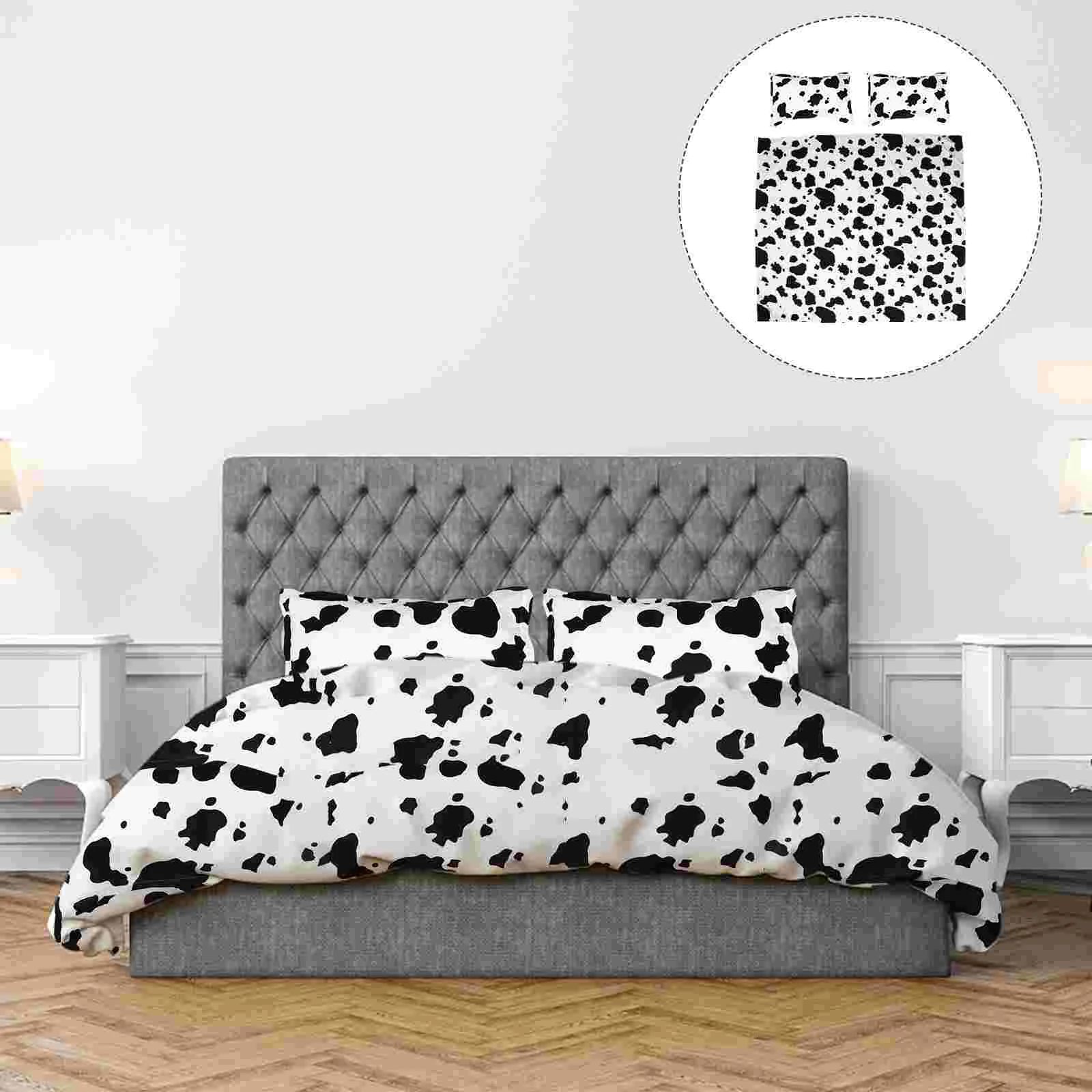 

3PcsGrey King Size Sheetss /Set Modern Bedding Set Milk Cow Pattern Bedding Set with Pillowcase