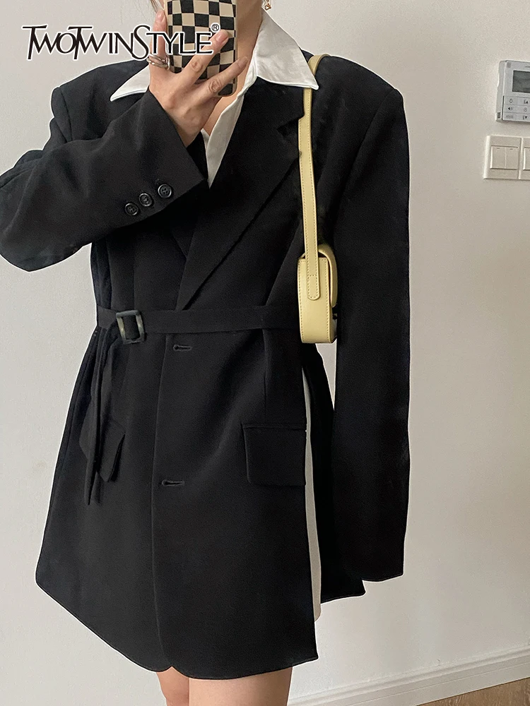 

TWOTWINSTYLE Solid Casual Blazers For Women Notched Collar Long Sleeve Patchwork Belt Minimalist Blazer Female Fashion Clothing