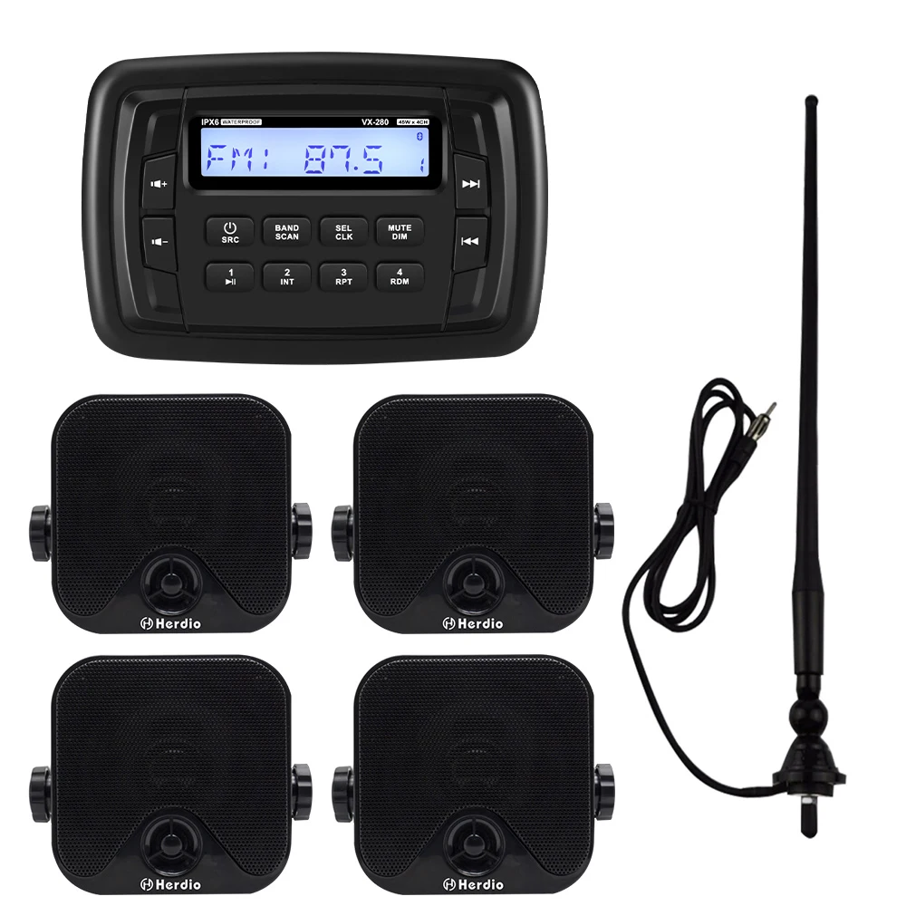 

Waterproof Marine Bluetooth Stereo FM AM MP3 Player Radio For Boat ATV + 2 pair 4 Inch Marine Box Outdoor Speaker