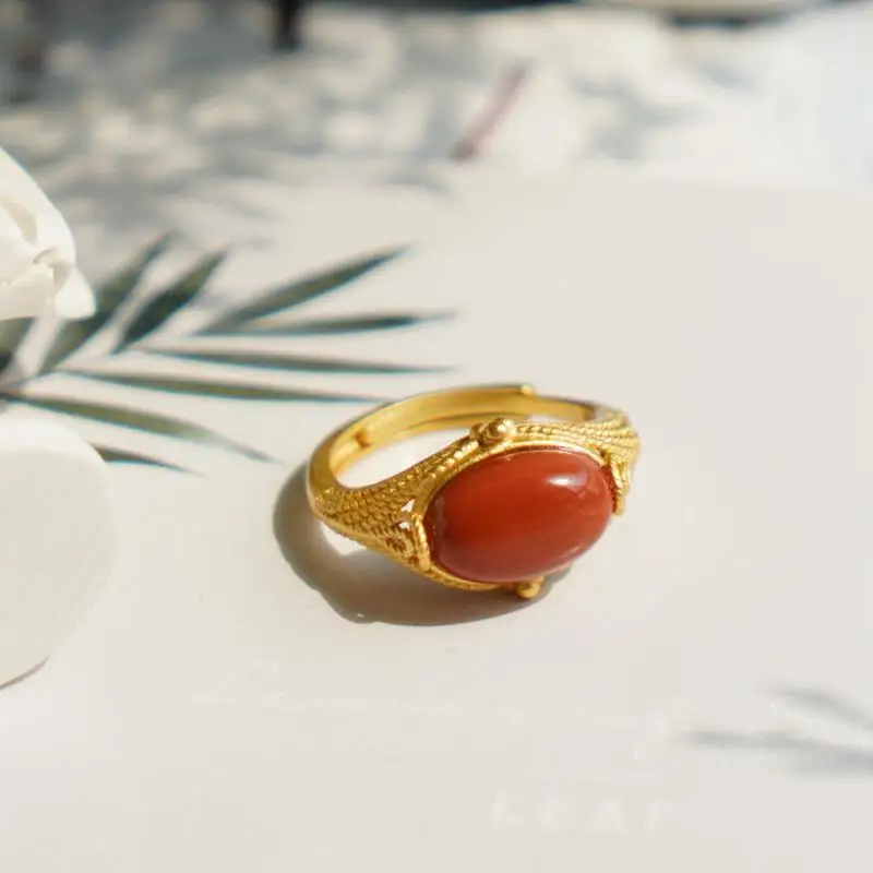 

Gilding Hollow S925 Sterling Silver Ornament Handmade Ethnic Style Fashion Personalized Retro Style Women's South Red Open Ring