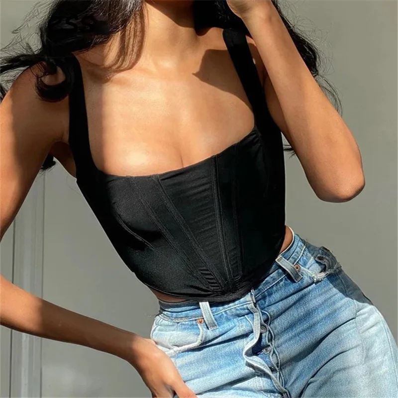 

Spring Summer Black Off Shoulder Crop Tops Corset Women Square Collar Party Sexy Tank Tops Ladies Backless Casual Bustier 2022