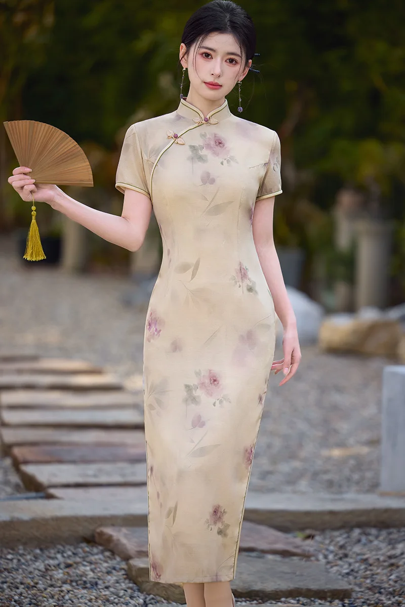 Традиционное китайское платье Cheongsams с коротким рукавом Qipao в этническом стиле