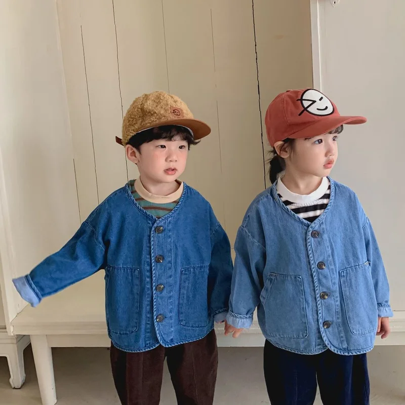 

Осень 2022, детские джинсовые куртки, Круглые Свободные повседневные пальто для мальчиков и девочек