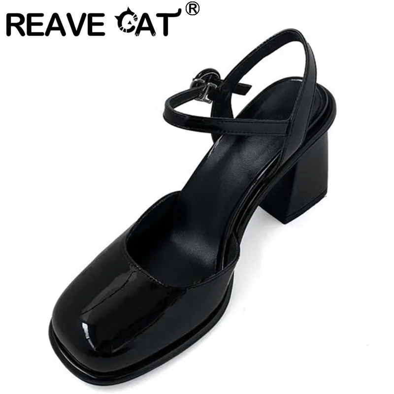 

REAVE CAT Genuine Leather Women's Sandals Square Toe Thick Heels Buckle Straps School Girls Shoes Sweet Solid Beige Black S3753