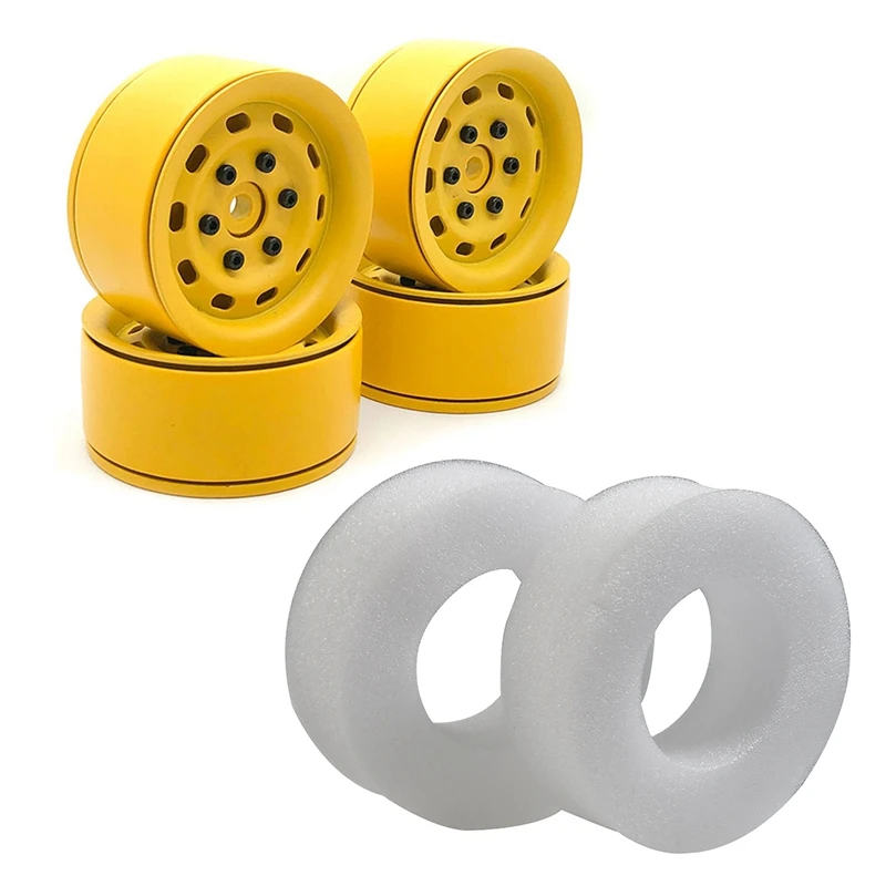 

6 Pcs RC Car Part: 4Pcs Metal 1.9 Inch Wheel Rim Yellow & 2 Pcs 108 -114Mm Hard Sponge Foam Inserts