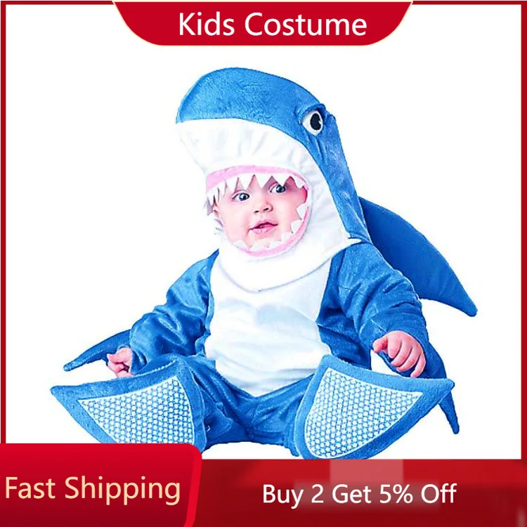 

Комбинезон для мальчиков и девочек, костюм для ролевых игр на Хэллоуин, шапка, носки, с мультяшными животными, Синяя Акула, 6-30 месяцев