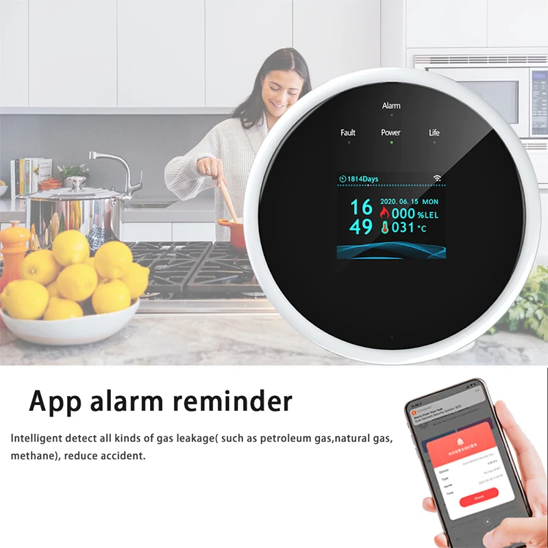 Датчик утечки газа Smart Life Tuya с Wi-Fi и светодиодным дисплеем детектор температуры
