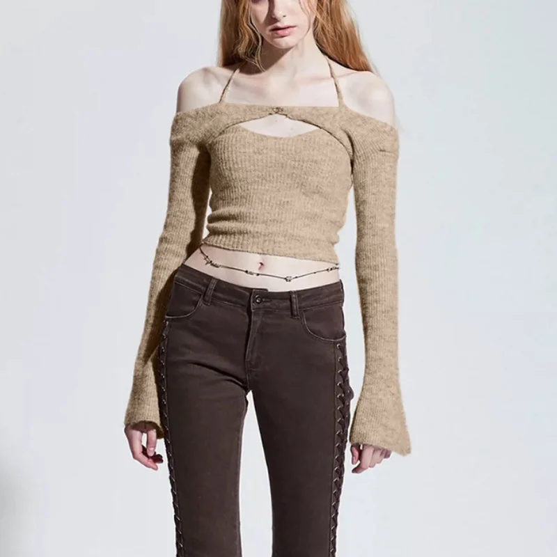 

Ladies Pullover Hollow Solid Color T-shirt Halter Neck Slim Backless Sexy Streetwear Fashion and Elegant Patchwork Contrast Top