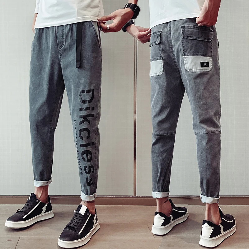 

Social Guy Pants Male Korean Trend 2022 New Fashion Small Feet Letter Printed Cowboy Ankle Length Jeans Teenagers Harem Pants