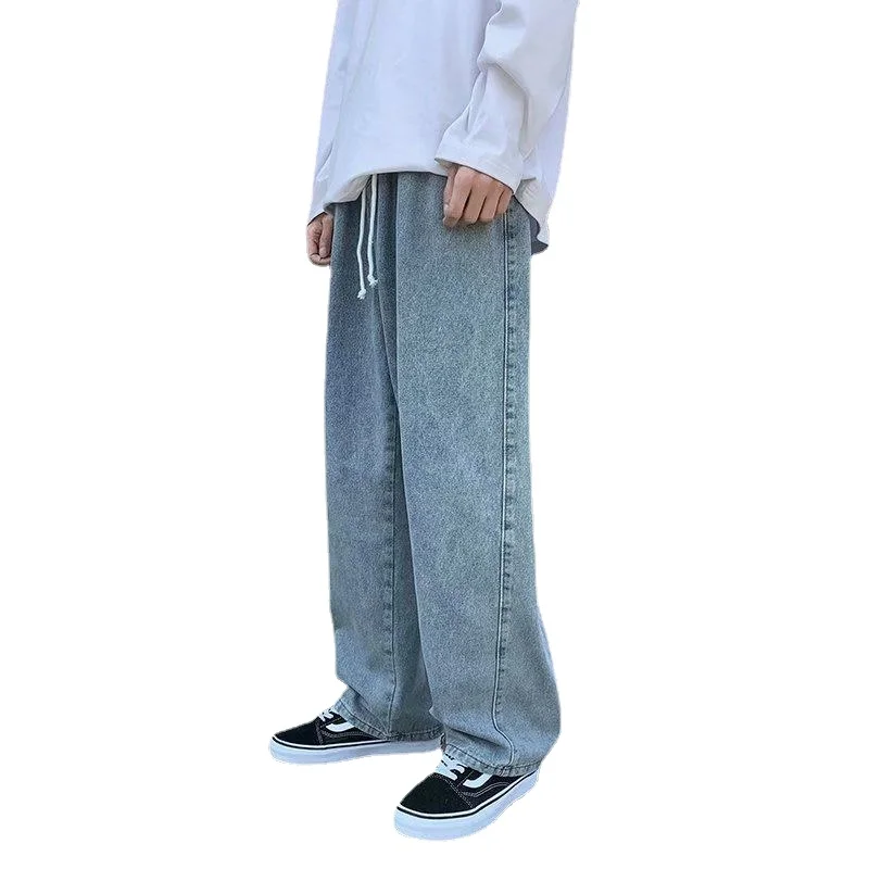 Men Jeans Streetwear Vintage Jeans Summer Solid Mid-Waist Lace-up Denim Straight-Leg Pants Men Loose Wide Leg Jeans Korean Jeans