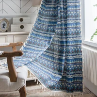 cotton linen curtain geometric finished printing blue bohemian curtain semi shading bay blackout window bedroom living room