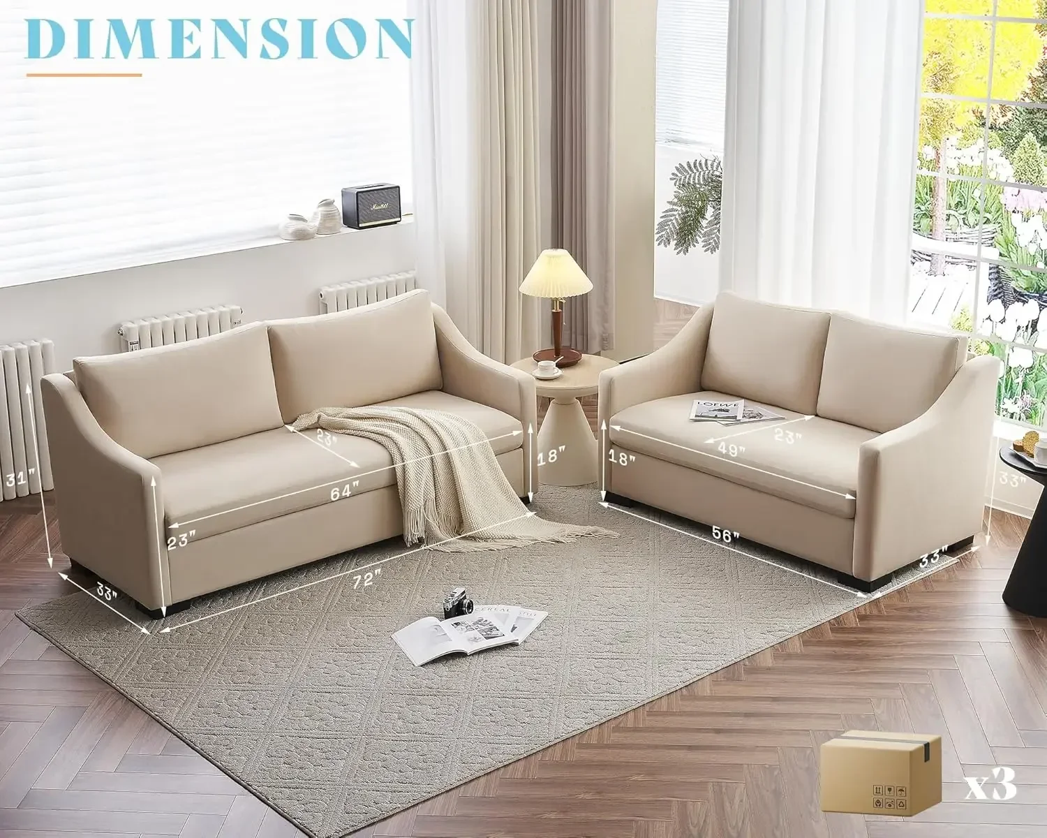 Couch Comfy Sofa with Slope Armrests 2 Piece Set Extra Deep Seat for Living Room Apartment Lounge Beige