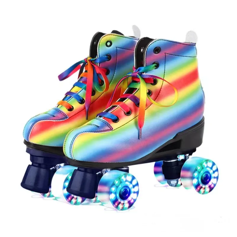 2022 Graffiti Microfiber Roller Skates Double Line Skates Boys  Girls Two Line Skating Shoes with White PU 4 Wheels Training