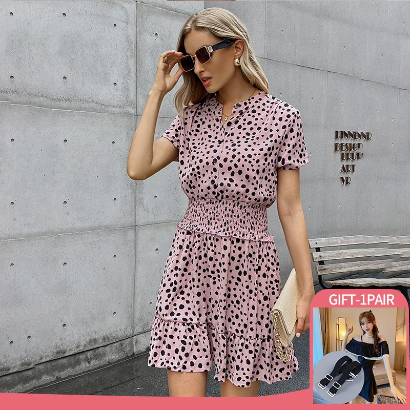 

Dress Women Leopard Casual Black Summer Ruffle Mini Dresses Buttons Ladies Pink Waisted Fitted Clothing 2022 Womens Dresses