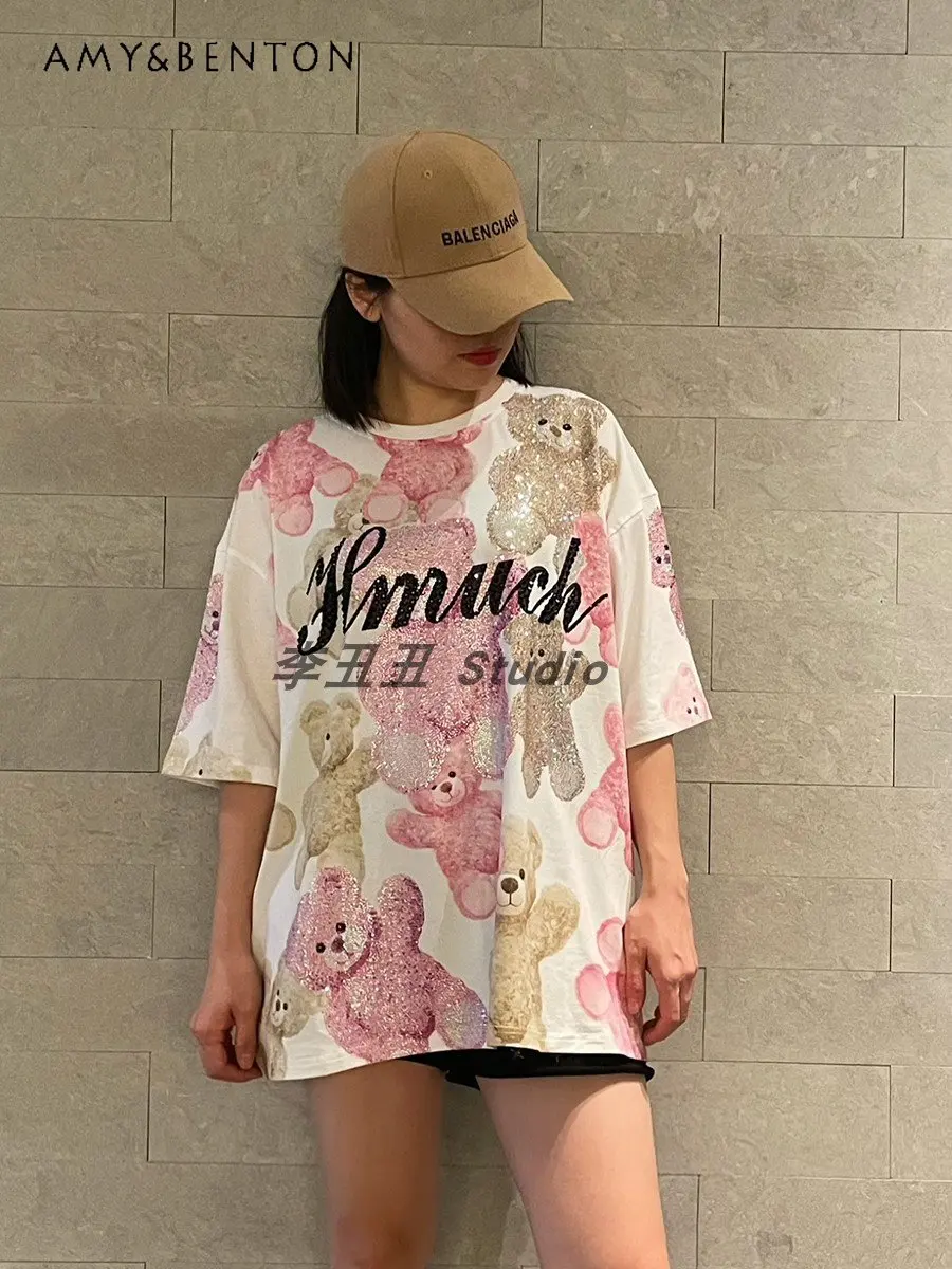 

Fashion Brand Thin Rhinestone Bear Loose Slim Fit Sweet All-Match Short-Sleeved T-shirt Printed Tide Brand Round Neck T-shirt