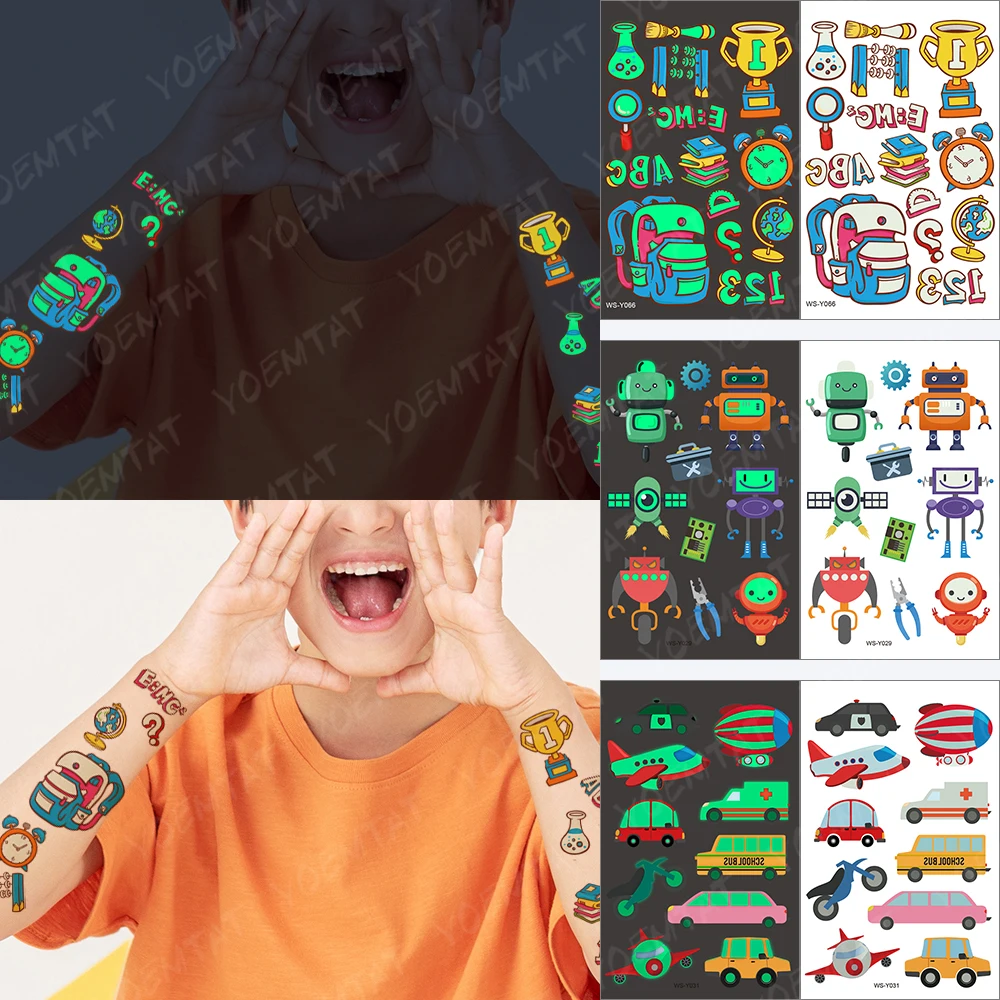 

Halloween Tattoo Luminous Waterproof Temporary Children Puzzle School Clock Earth Glowing Tatto For Kids Body Arm Art Fake Tatoo