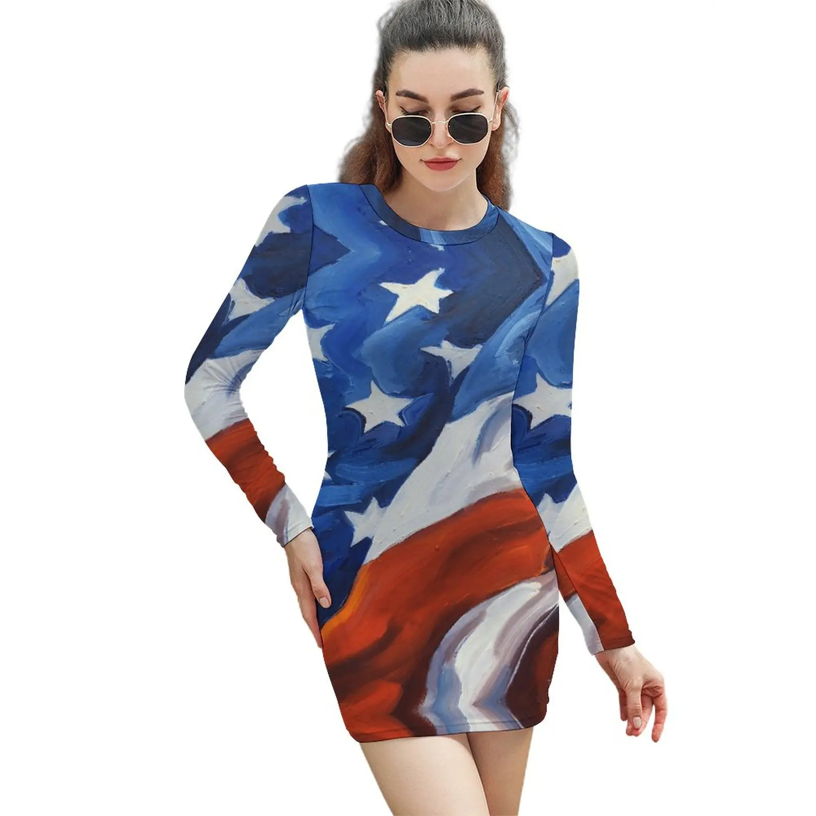 

Sexy Woman's Dress Long Sleeve Dress American Flag Country First Long-sleeved Sheath Dress Hot Sale Cocktails Humor Graphic