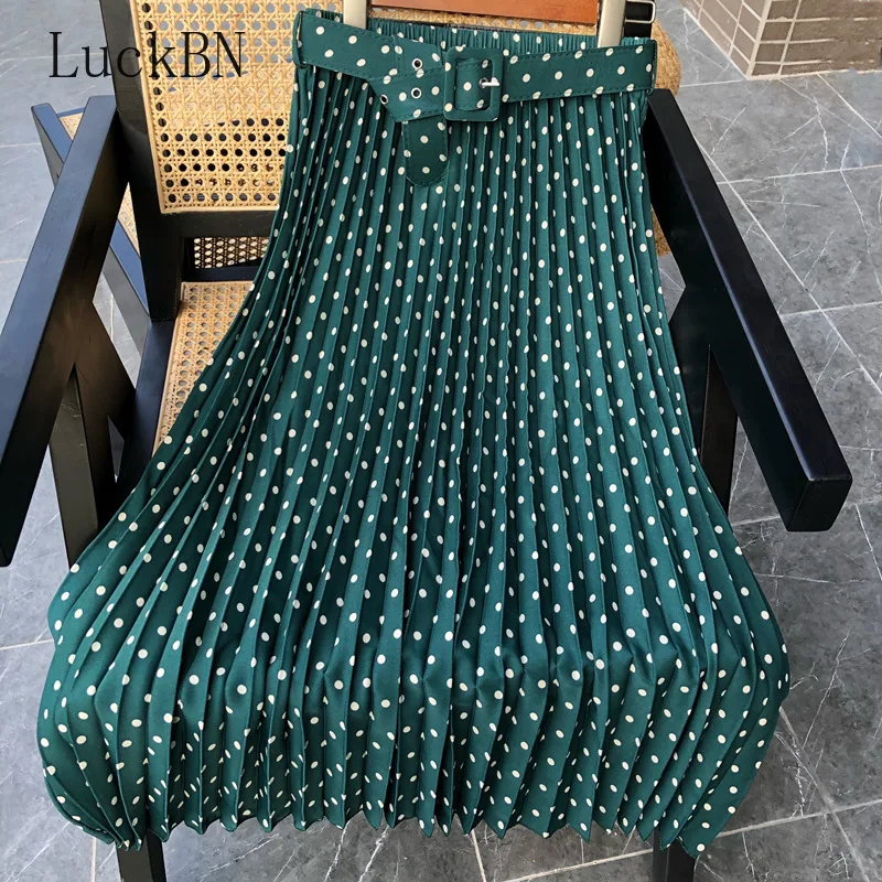 

Spring Summer Retro Polka Dot Printed Skirt High Waist A-line Pleated Skirt Drape Fashion Casual Pleated Skirt with Belt 2022