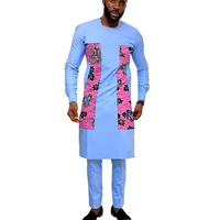 sky blue mens groom suit patchwork tops with solid trousers male nigeria fashion cotton shitpant african wedding outfits