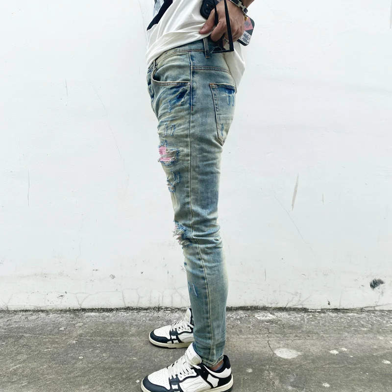 High Street Fashion Men Jeans Retro Blue Elastic Stretch Skinny Fit Ripped Jeans Men Pink Patched Designer Hip Hop Brand Pants