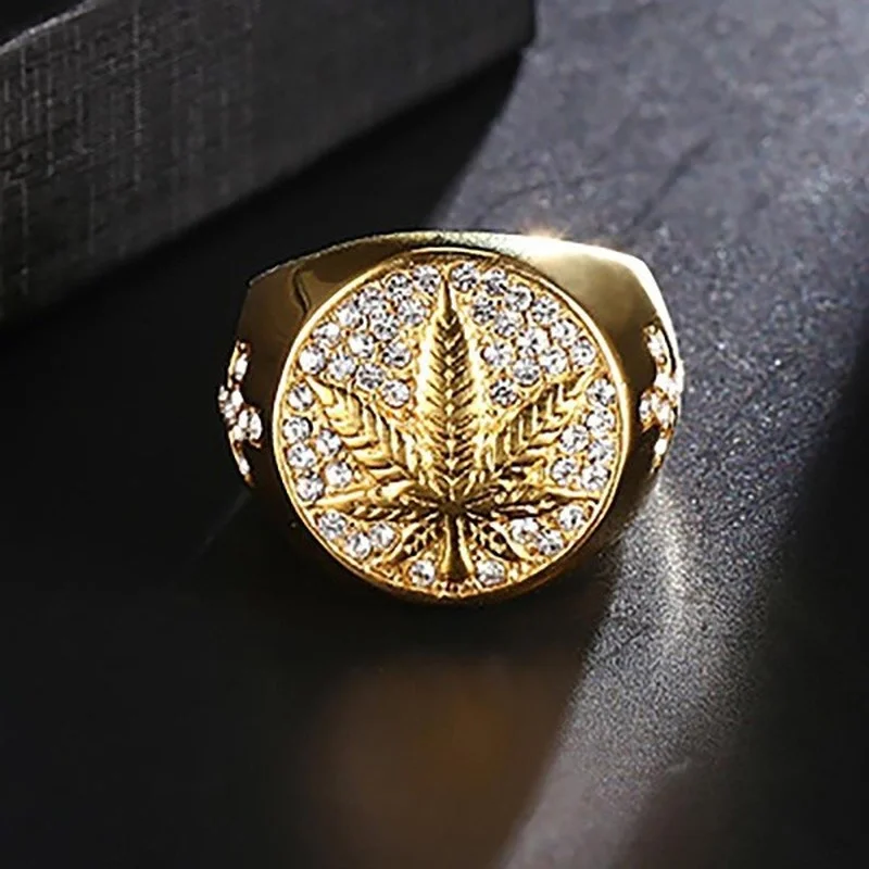 

Business Men's Gold Colors Carved Golden Maple Leaf Rings for Men Punk Inlaid with White Zircon Wedding Party Jewelry