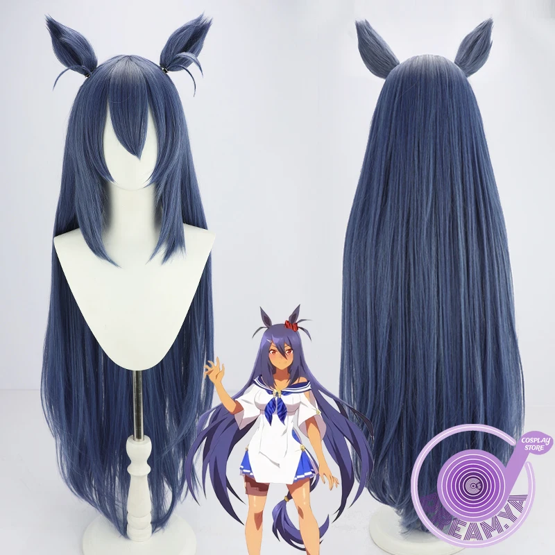 

Hishi Amazon Cosplay Wig Umamusume Pretty Derby Ears Tail Blue 100cm Long Straight Synthetic Hair Heat Resistant Halloween Party