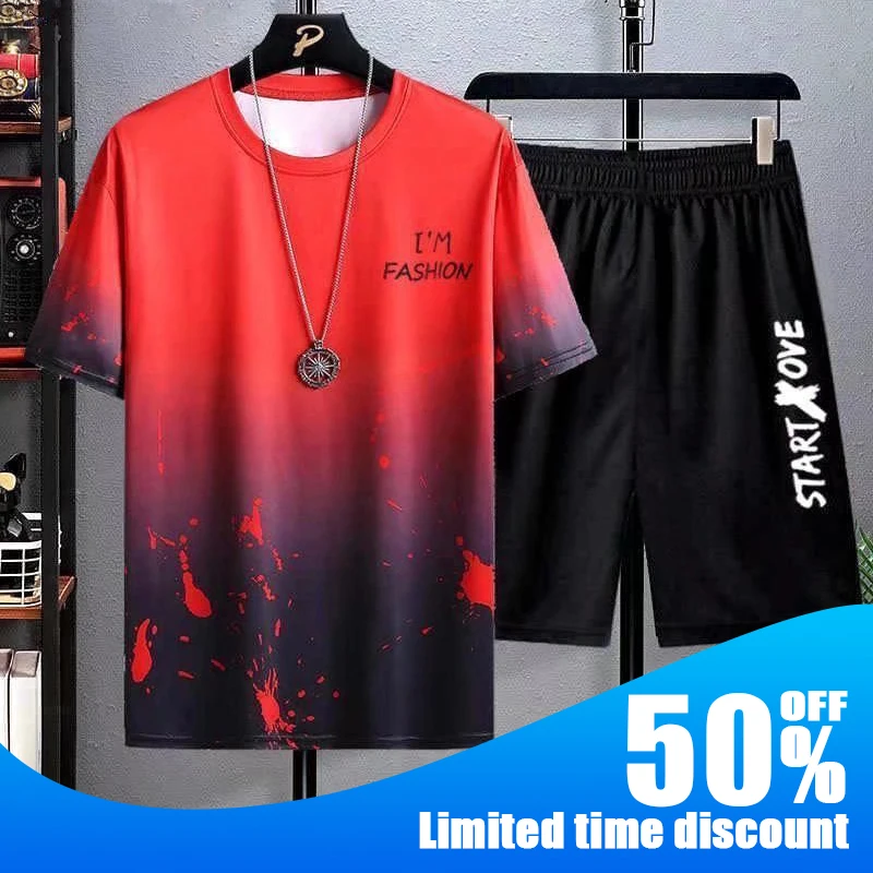 

Men's Sports Suit T-shirt + Shorts Workout Clothes 2-piece Set Gradient Splash Ink Solid Color Printing Short-sleeved Sportswear