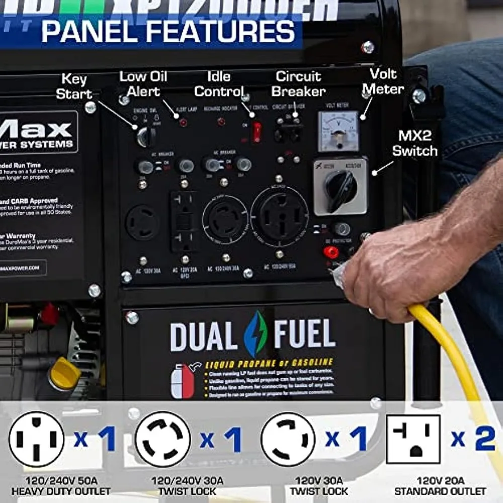 DuroMax XP12000EH Generator-12000 Watt Gas or Propane Powered Home Back Up & RV Ready, 50 State Approved Dual Fuel ElectricStart