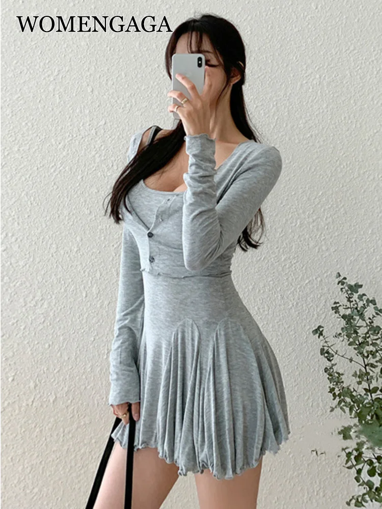 

2022 WOMENGAGA Korea Autumn Winter New Slim Sexy Elegant Tank Mini Dress + Long Sleeve Button T Shirt Two-piece Set Sweet 58H1