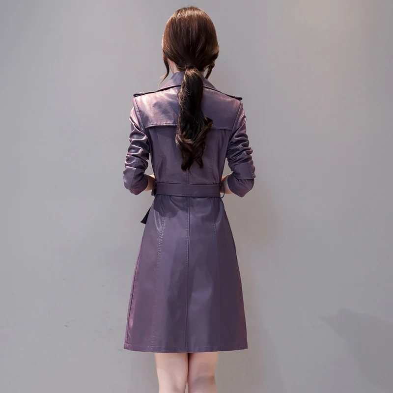 Womens Elegant PU Leather Long Jackets With Belt Ladies Faux Sheepskin Trench Coat Streetwear 5XL Female Outerwear