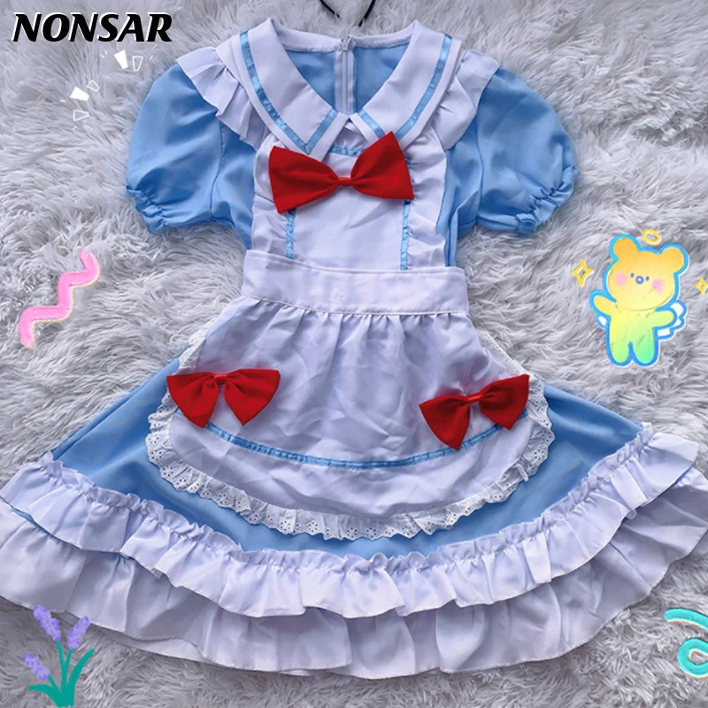 

Наряд милой горничной NONSAR, костюмы, платье лолиты для женщин, милое японское сексуальное платье с синей Красной и белой лентой для вечеринки...