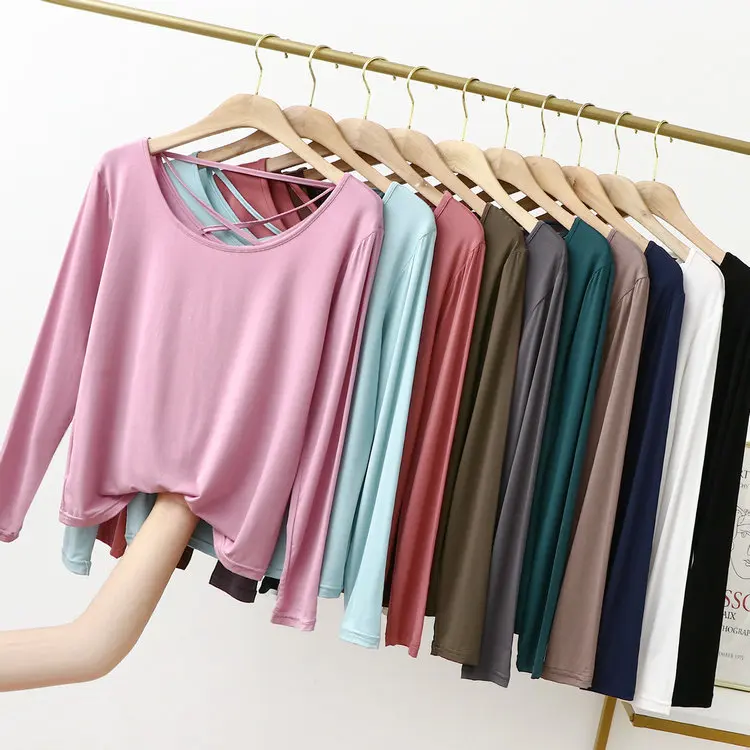 

Spring and Summer Round Neck Beautiful Back Long Sleeve Top Women's Modal Thin Bottoming T Shirt Versatile Thin Women's T-shirt