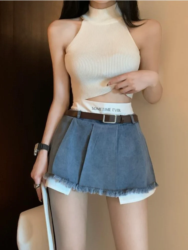 

Hikigawa шикарная модная женская Y2k тонкая джинсовая Лоскутная мини-юбка из двух частей летняя уличная одежда плиссированная юбка с высокой талией