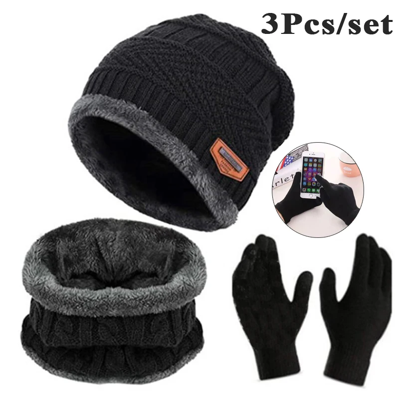 

Модная вязаная шапка 3 шт./компл., мужские и женские зимние шапки 2022 с шарфом и перчатками для сенсорного экрана, плотная Теплая Шапка-бини, ша...