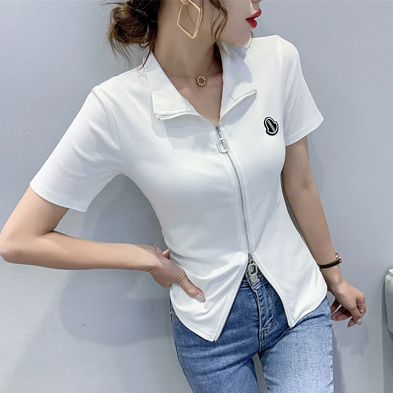 

Футболка женская на молнии, повседневный пикантный топ с открытым стежком, Стильная туника с коротким рукавом, приталенная рубашка, белый ч...
