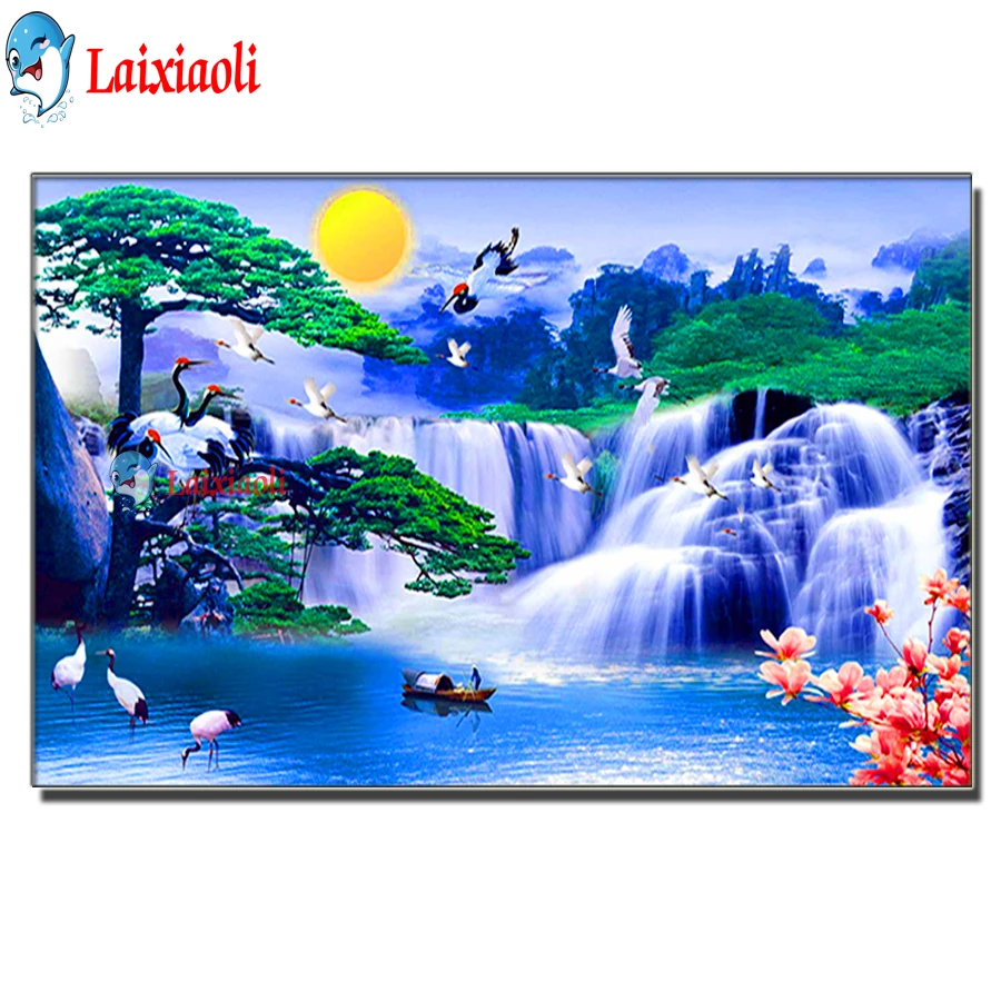 

Full Square Diamond Painting Blue Waterfall Landscape painting Embroidery red-crowned crane Cross Stitch 5D DIY Mosaic Decor art