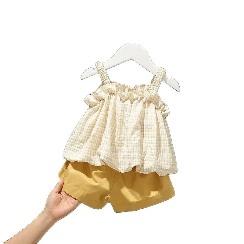 

Summer Dress Girls Korean Fashion Lace Sling Yellow Bow Waist Shorts Trendy Suit Sling Skirt + Hakama