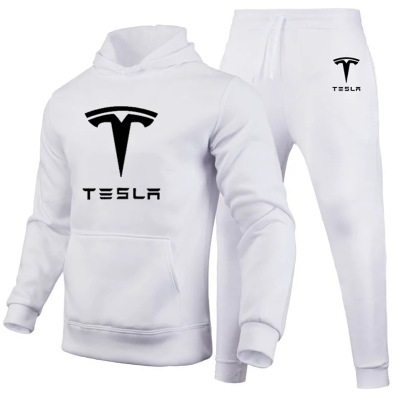Hoodies Men Tesla Car Logo Print Casual Harajuku Gradient color Hooded Fleece zipper Jacket Sweatshirt Sweatpants Suit 2pcs