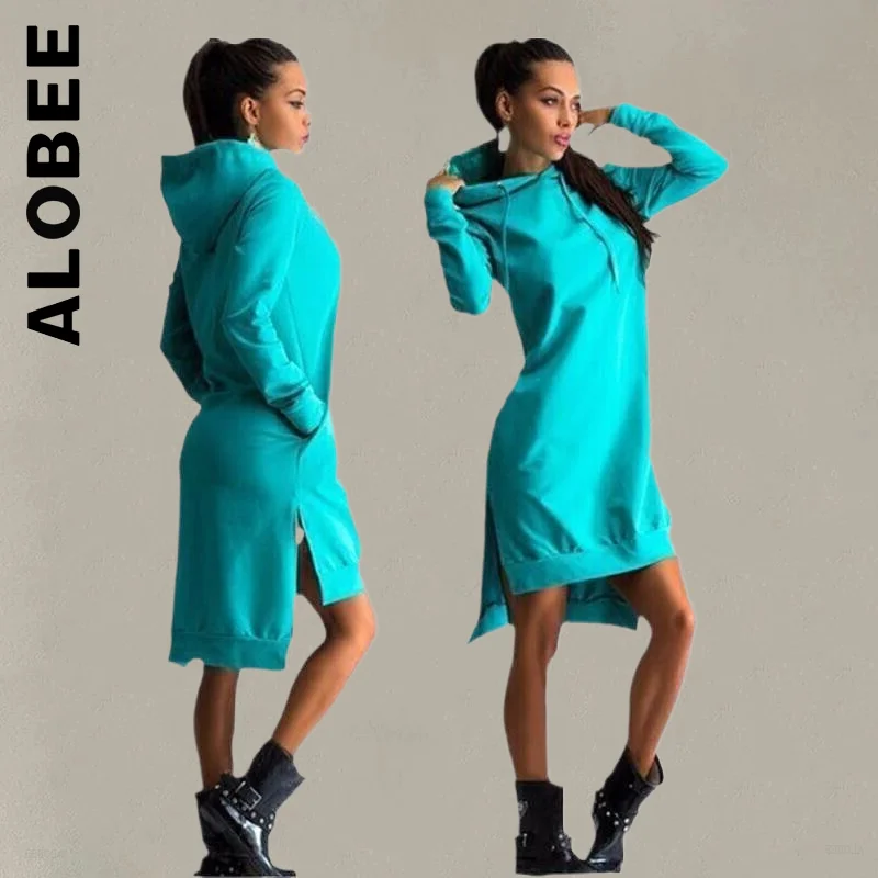 

Alobee Women Dress Fashion Elegant Hoodies Long Sleeve Slit Women Dress Slim Outfits Leisure Female Vestidos Dress Woman