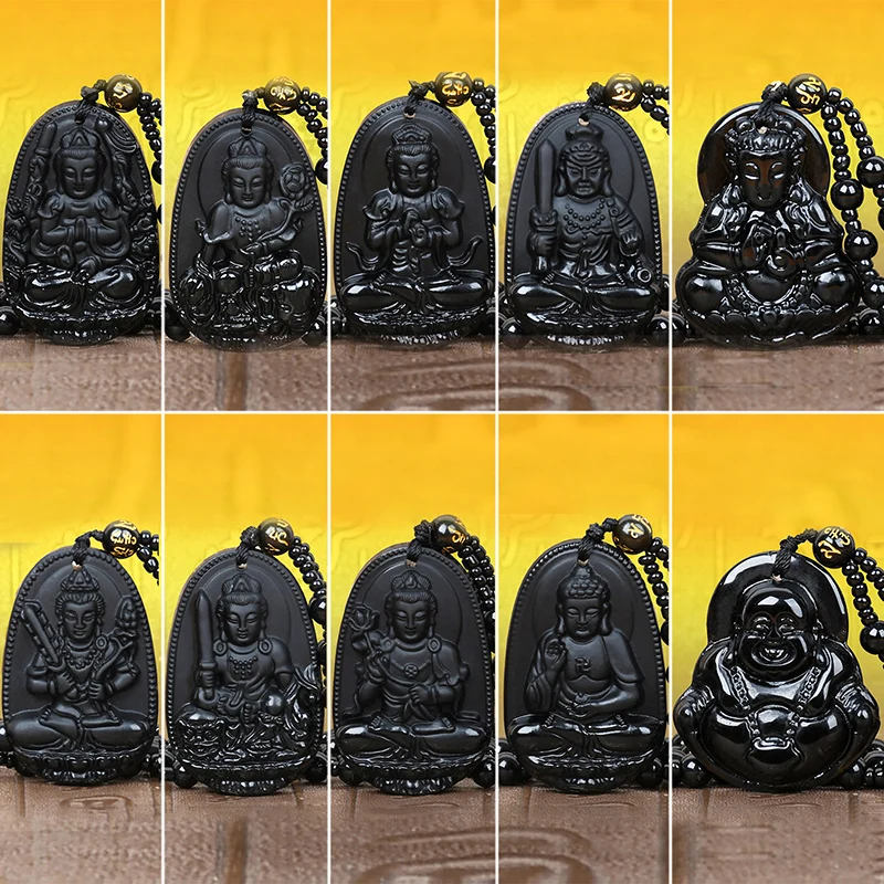 Ожерелье с подвеской amatorha черное обсидиановое резное Будда на удачу Амулет для