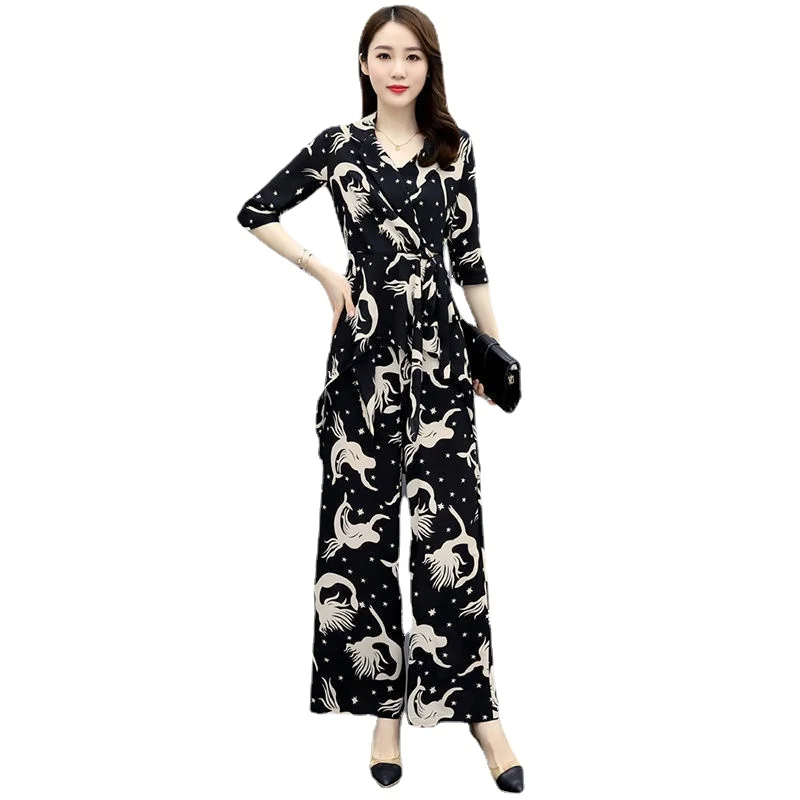

Women's Suit Casual Summer Two Piece 2023 New Fashion Slim Wide Leg Long Pant Half Sleeve Crop Top Korean Style Printed Outfits