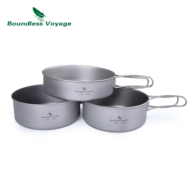 

Boundless Voyage 700ml Titanium Camping Pot Pan Sets 500ml Cookware with Folding Handle 600ml Outdoor Cooking Bowl Plates Kit
