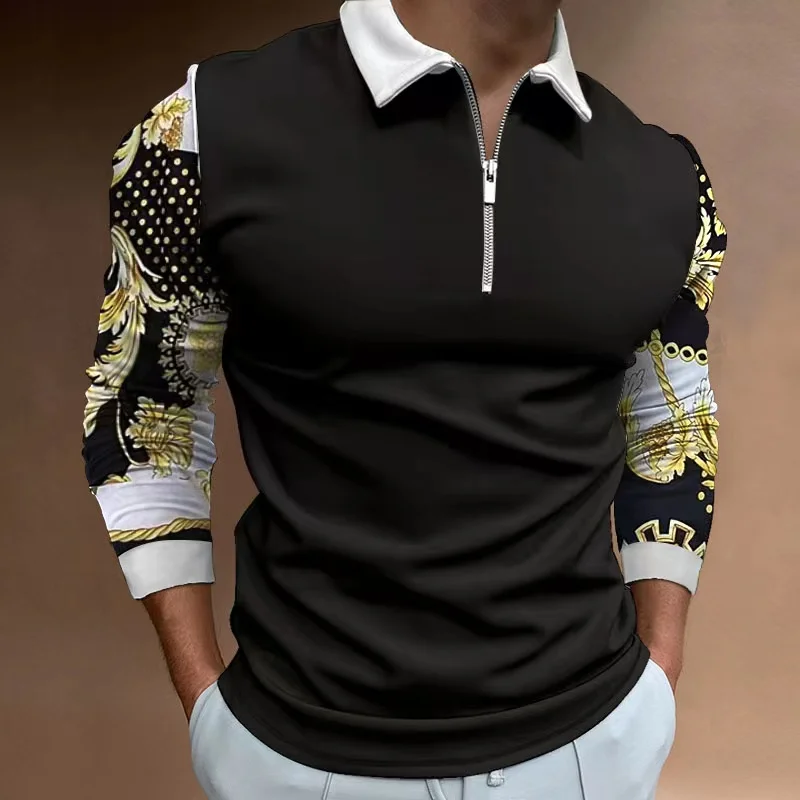 Купи Fall 2022 Gold Chain Print Casual Long Sleeve Polo Shirt Men's breathable street chic Retro lapel Zip-up Top S-3XL за 198 рублей в магазине AliExpress