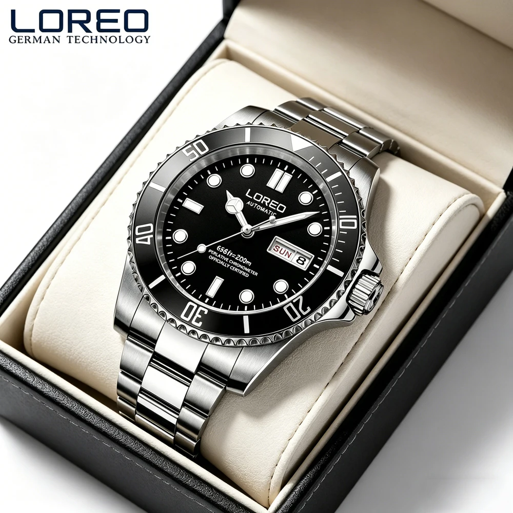 Фото Роскошные автоматические часы LOREO Diving Series для мужчин, механические часы с календарем из нержавеющей стали, водонепроницаемые до 200 м, модные повседневные часы №3