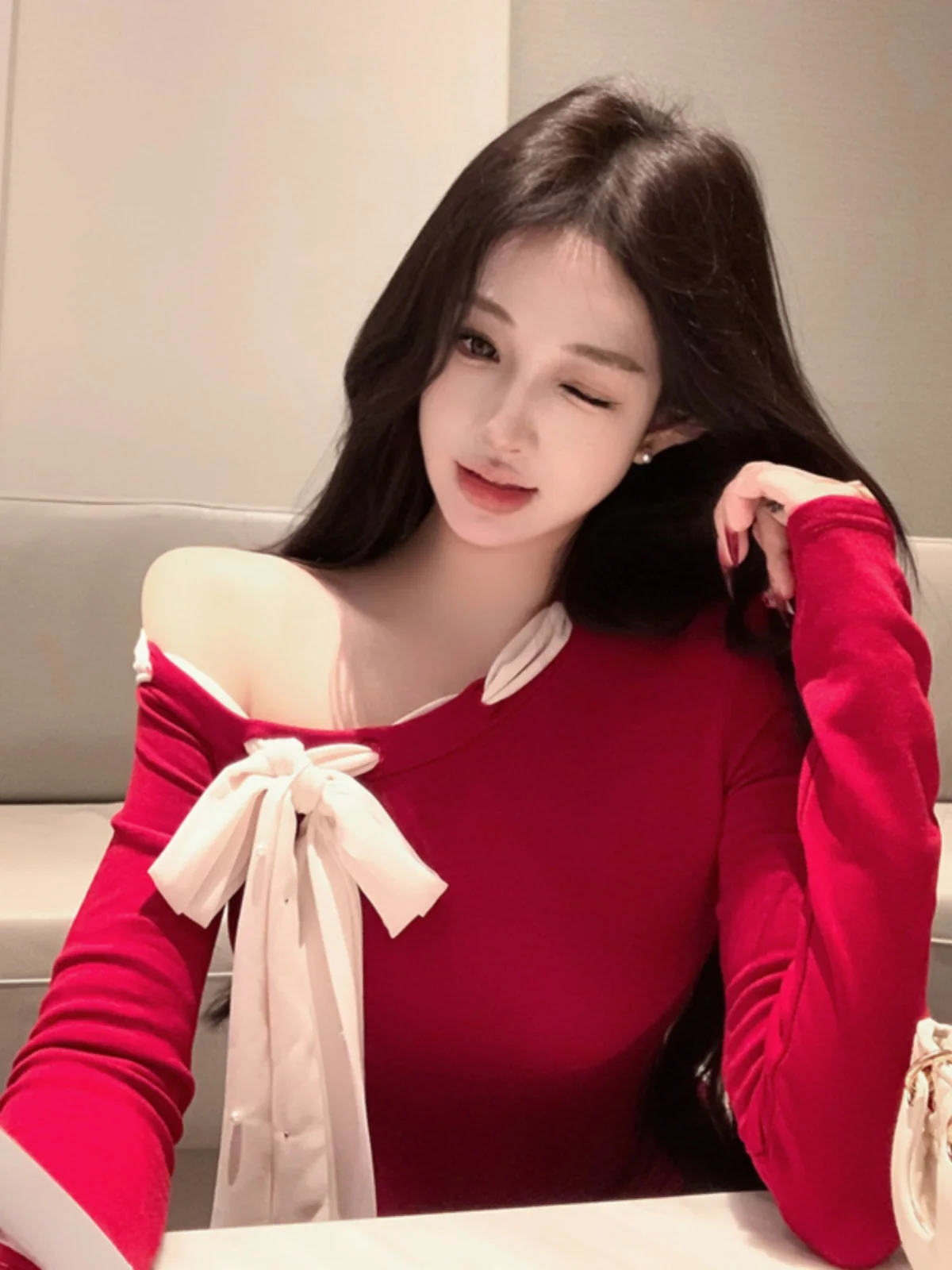 Pure Desire Sle Красная Рождественская Новая Годовая Атмосфера Бант Рубашка на