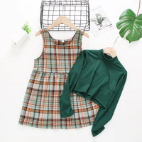 5-13 Years Old Children's Long Sleeve Dress Green Top Sweater Vest A-Line Hem Plaid Skirt Girls Suit