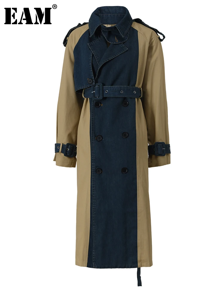 

[EAM] Women Khaki Denim Color-block Big Size Trench New Lapel Long Sleeve Loose Fit Windbreaker Fashion Spring Autumn 2023 WJ294