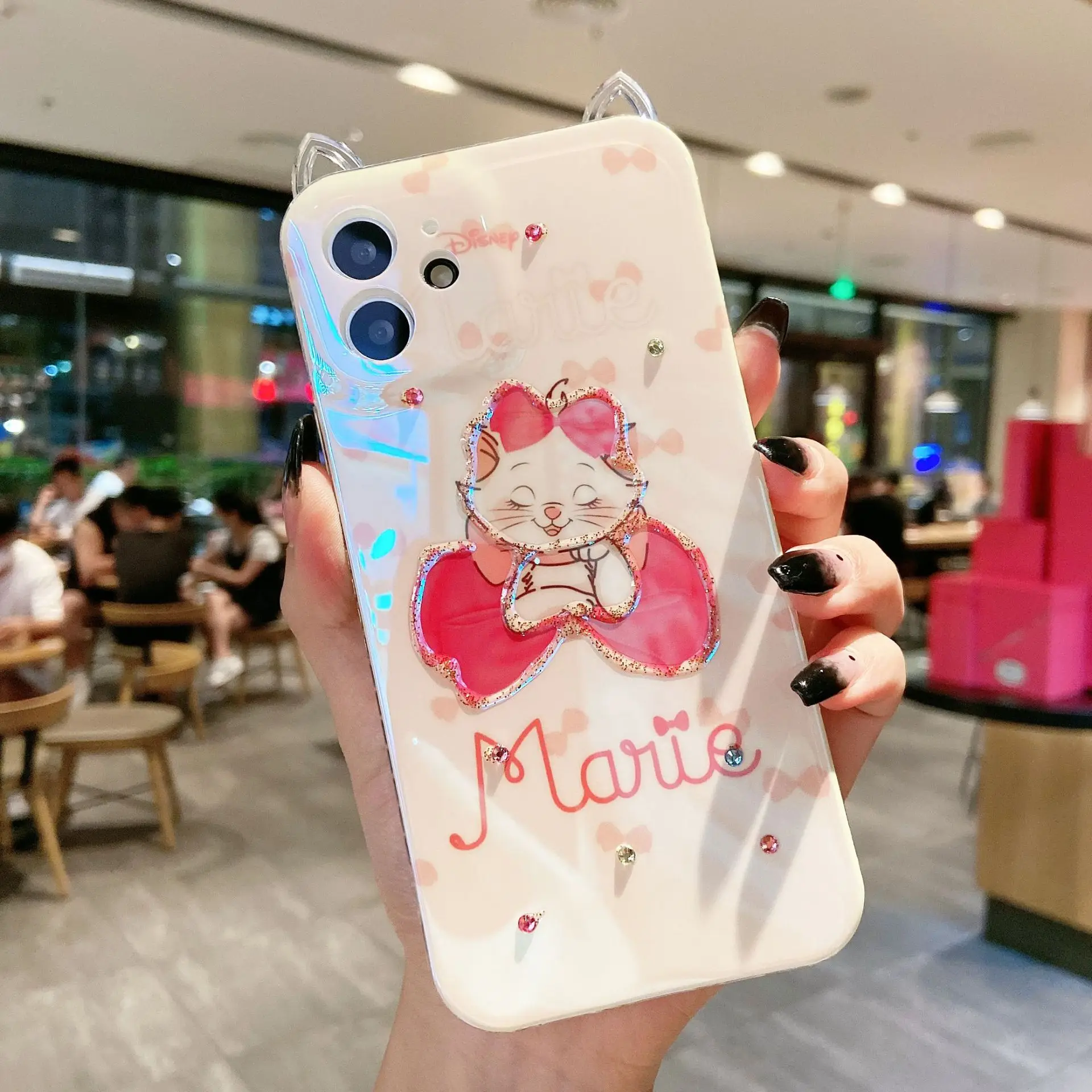 

Disney Cartoon Marie Cat iPhone Case New Cat Bow Tie iphone 13 Pro Max 12 Pro Max Cover Cute Kawaii Silicone Blue Point Drill