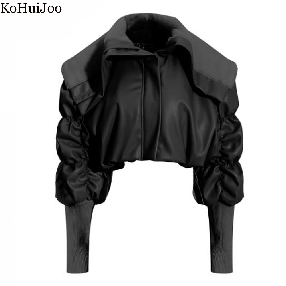 PU Leather Winter Cotton Padded Women Jacket New 2022 Casual Pleat Turndown Collar Thick Warm Plush Faux Leather Jackets Short